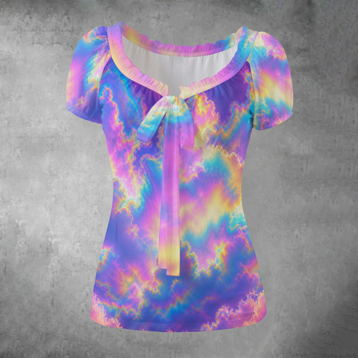 All-over print Women's Puff Sleeve Pleated Shirt