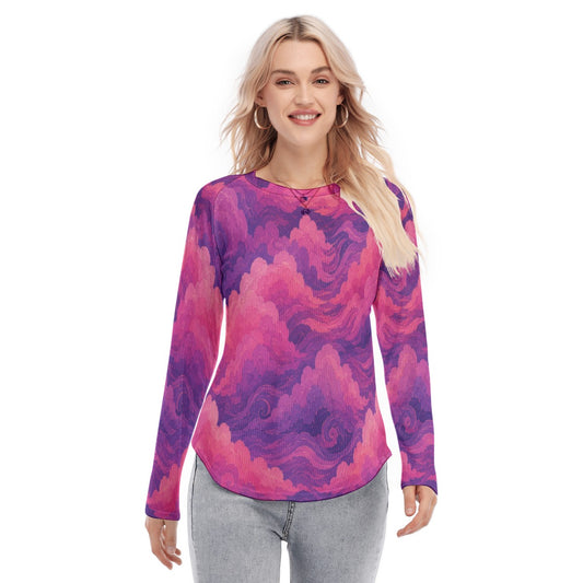 Women's Raglan Sleeves U-Shaped Hem Long Sleeves Blouse