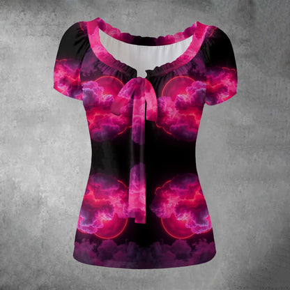 All-over print Women's Puff Sleeve Pleated Shirt