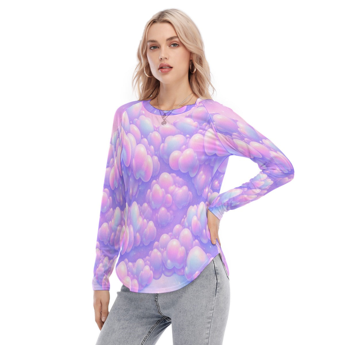 Women's Raglan Sleeves U-Shaped Hem Long Sleeves Blouse
