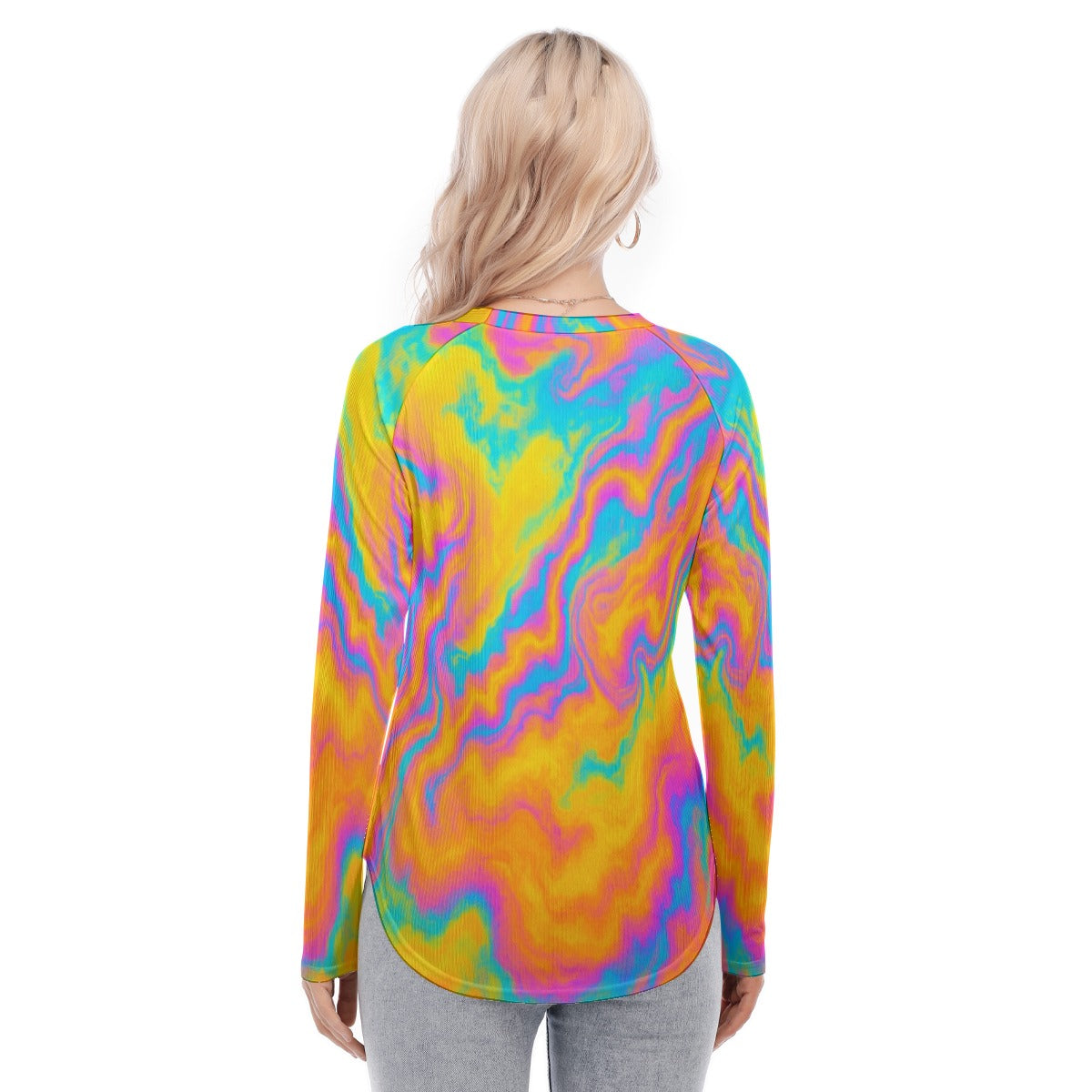 Women's Raglan Sleeves U-Shaped Hem Long Sleeves Blouse