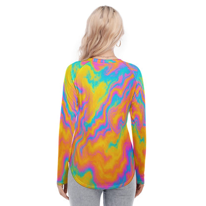 Women's Raglan Sleeves U-Shaped Hem Long Sleeves Blouse