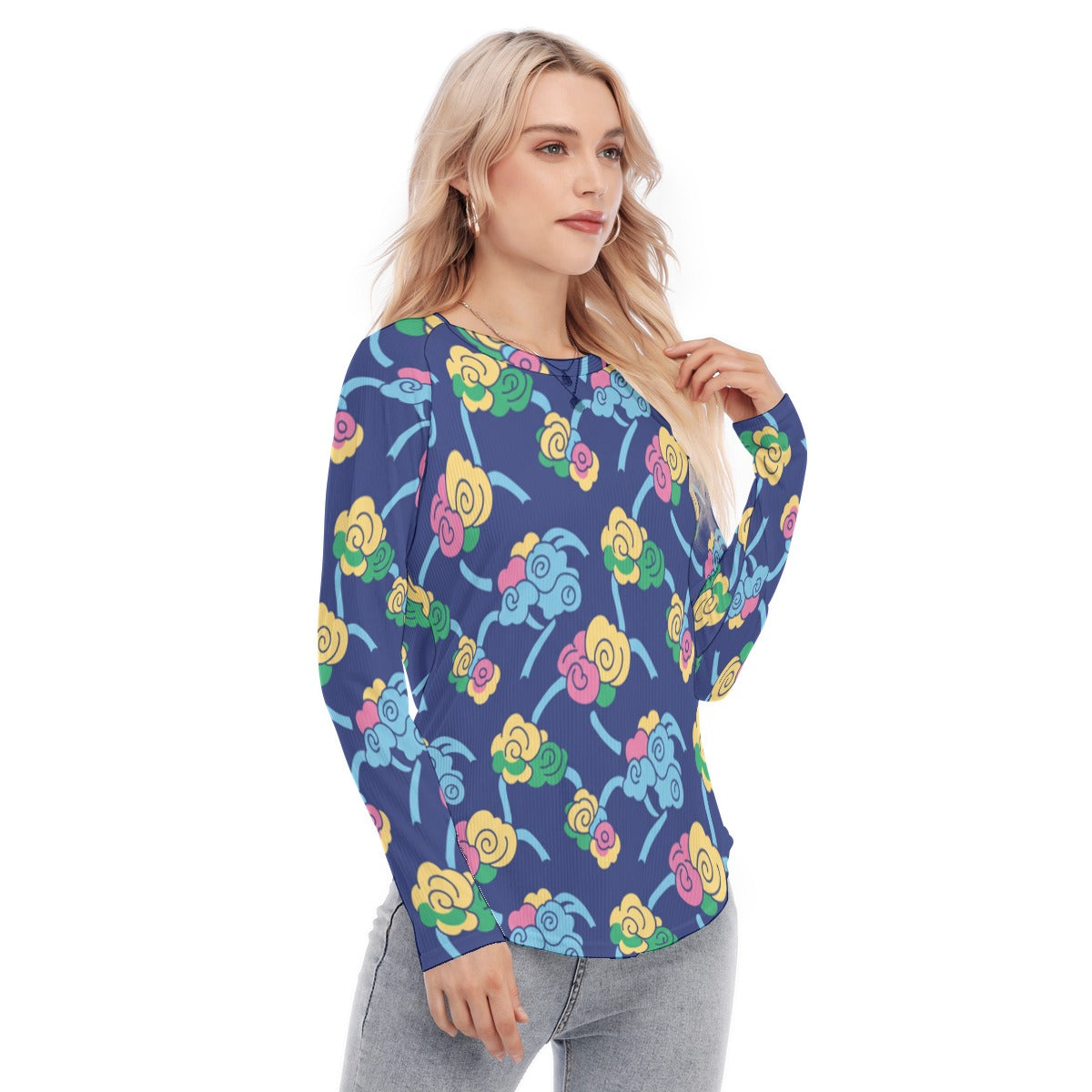 Women's Raglan Sleeves U-Shaped Hem Long Sleeves Blouse