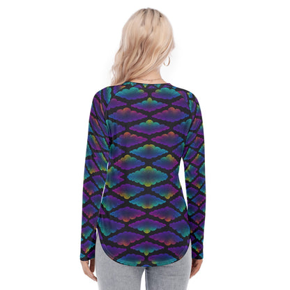 Women's Raglan Sleeves U-Shaped Hem Long Sleeves Blouse