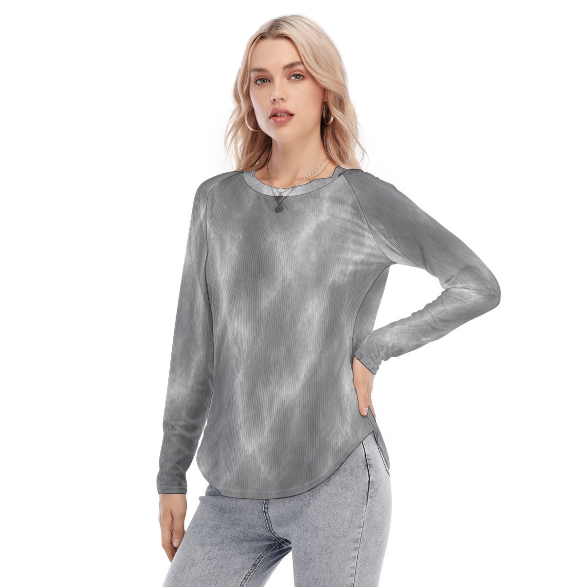 Women's Raglan Sleeves U-Shaped Hem Long Sleeves Blouse