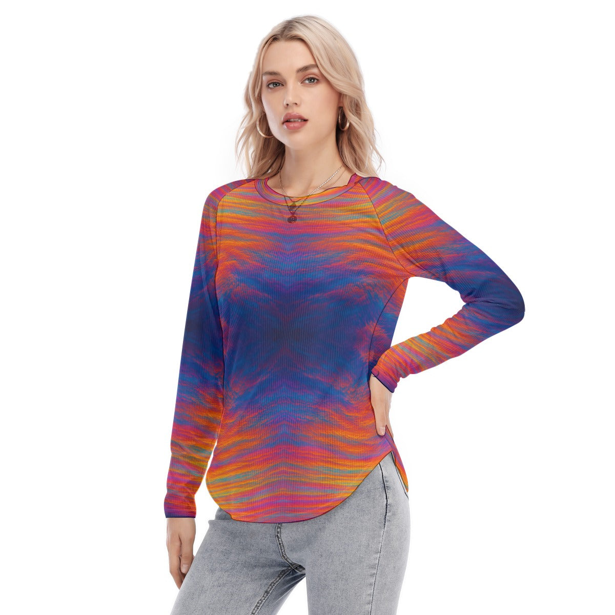 Women's Raglan Sleeves U-Shaped Hem Long Sleeves Blouse
