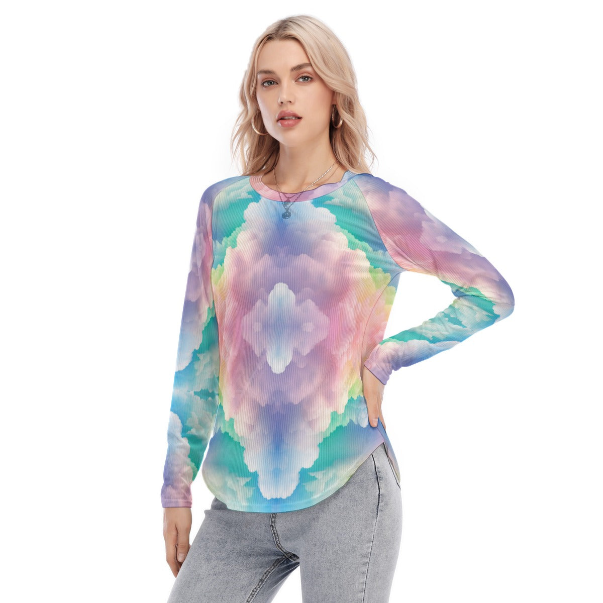 Women's Raglan Sleeves U-Shaped Hem Long Sleeves Blouse