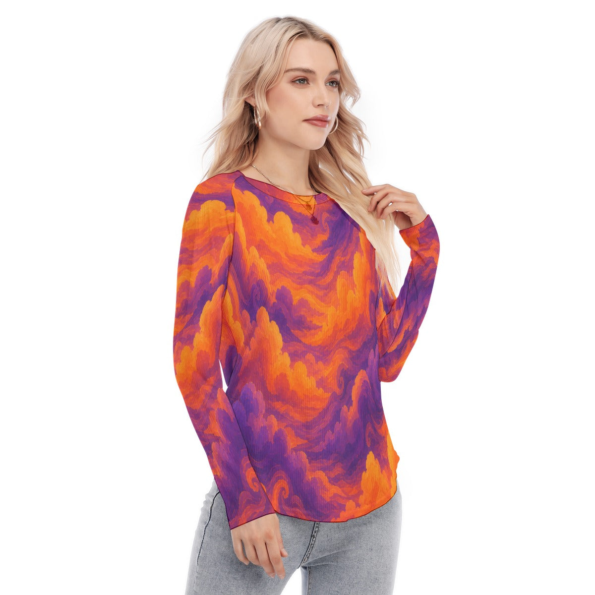 Women's Raglan Sleeves U-Shaped Hem Long Sleeves Blouse