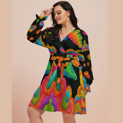 Women's V-neck Dress With Waistband(Plus Size)