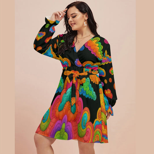 Women's V-neck Dress With Waistband(Plus Size)