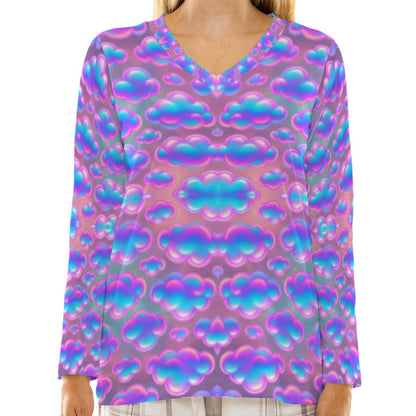 Women's Loose V-Neck T-Shirt With Long Sleeve