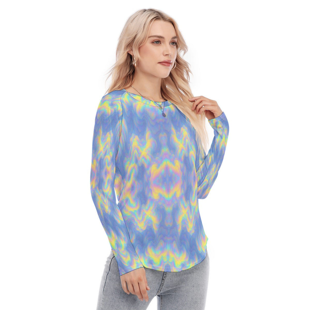 Women's Raglan Sleeves U-Shaped Hem Long Sleeves Blouse