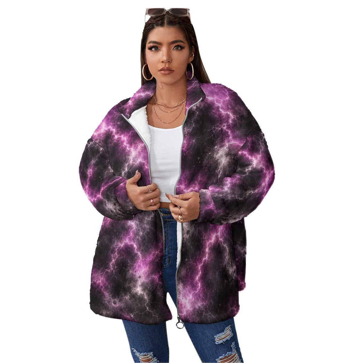 Unisex Borg-Fleece Stand-Up Collar Zip Coat — Plus Size - view 1