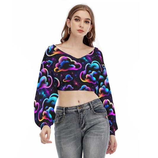 Women's V-neck Long Sleeve Cropped Sweatshirt