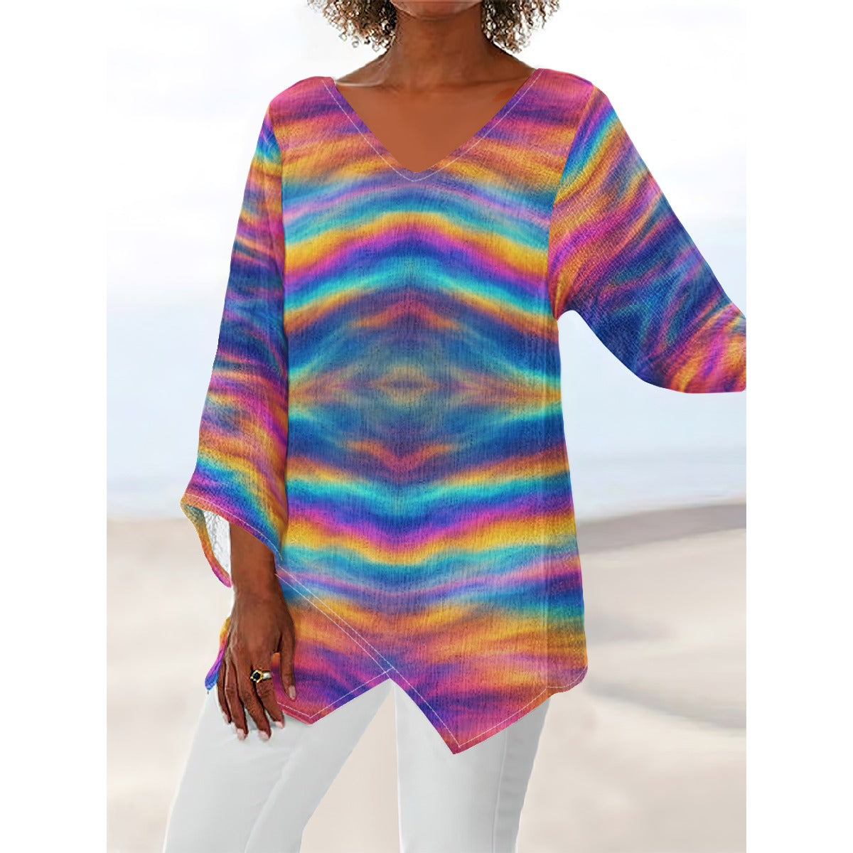 Women's V-neck T-shirt With Irregular Hem