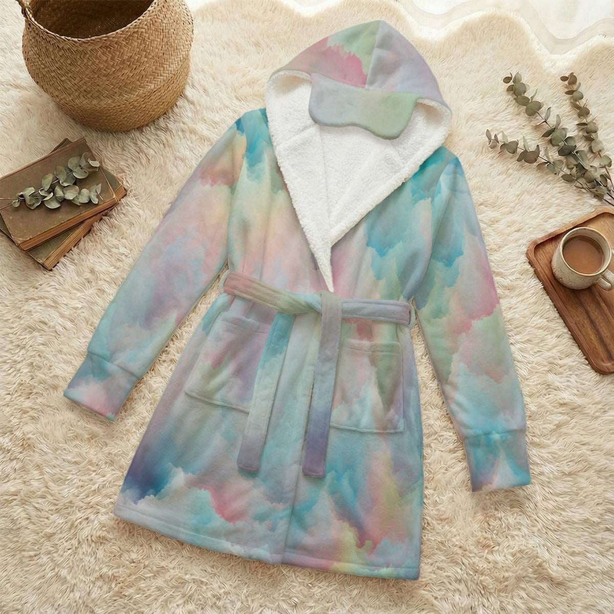 Unisex Flannel Hooded Robe With Eye Mask