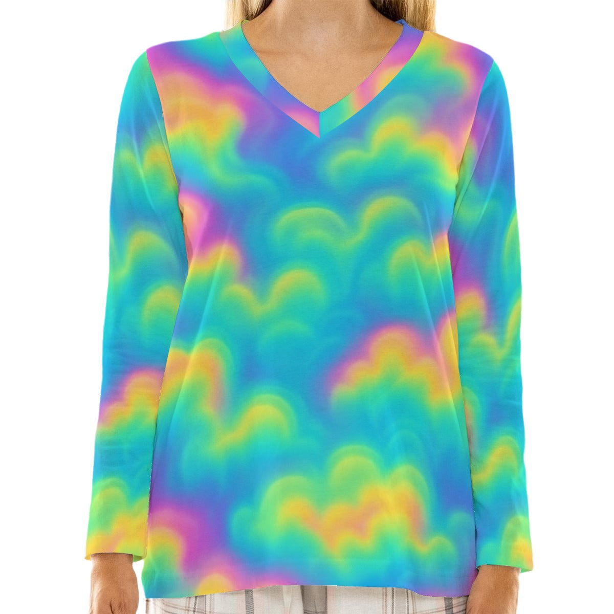 Women's Loose V-Neck T-Shirt With Long Sleeve