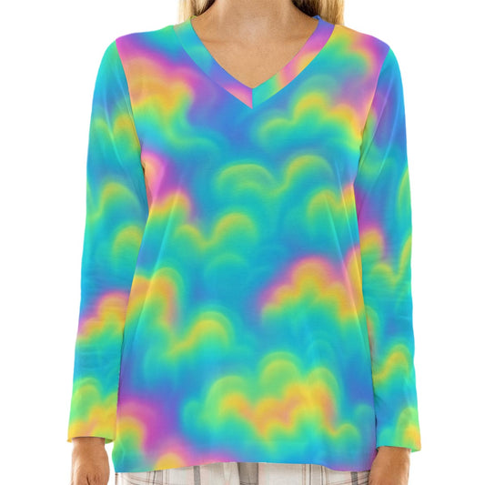 Women's Loose V-Neck T-Shirt With Long Sleeve