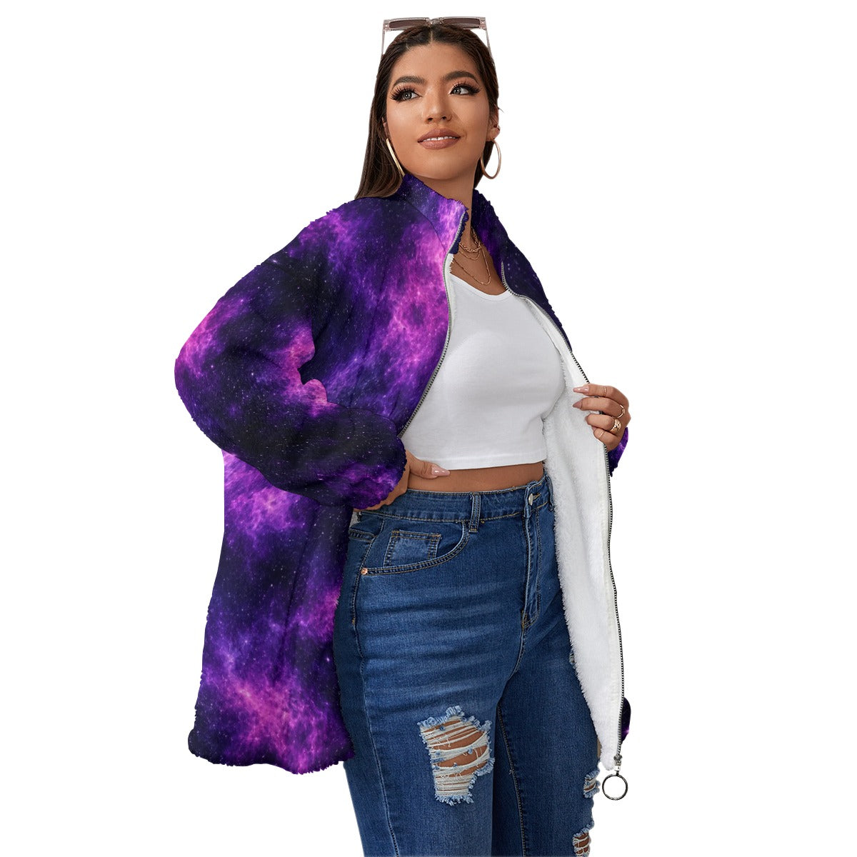 Unisex Borg-Fleece Stand-Up Collar Zip Coat — Plus Size - view 3