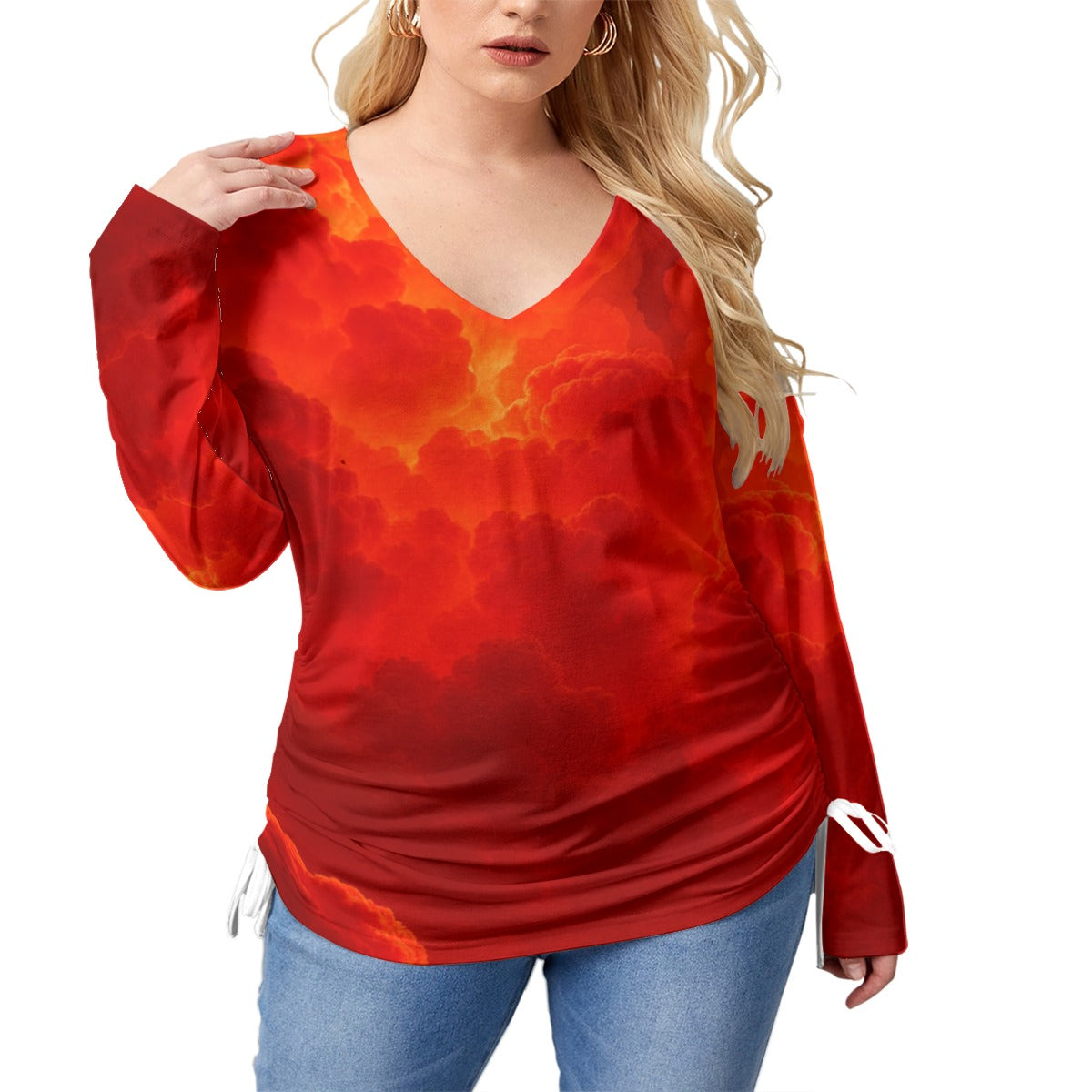 Unisex Women’s V-neck T-shirt With Side Drawstring(Plus Size)