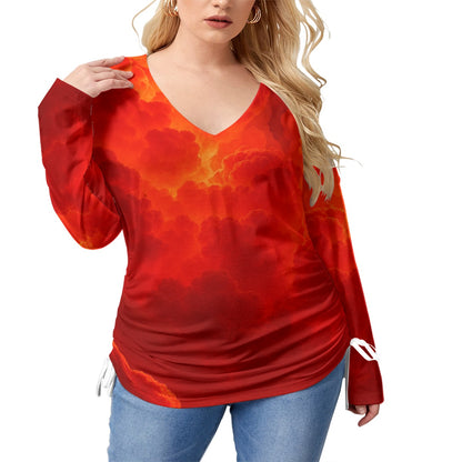 Unisex Women’s V-neck T-shirt With Side Drawstring(Plus Size)