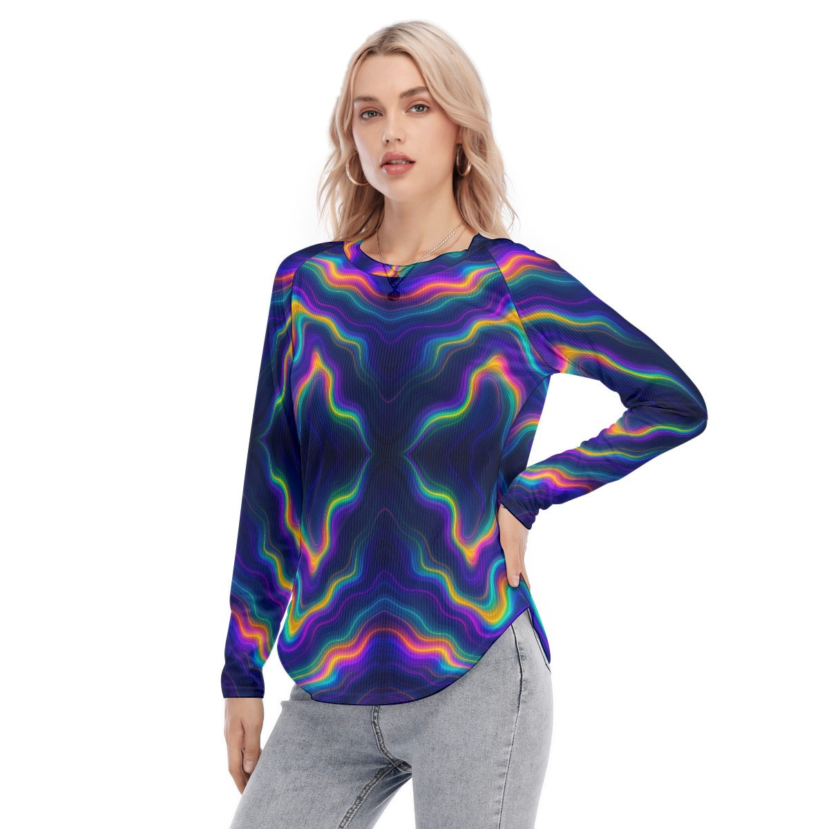 Women's Raglan Sleeves U-Shaped Hem Long Sleeves Blouse