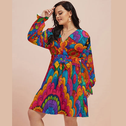 Women's V-neck Dress With Waistband(Plus Size)