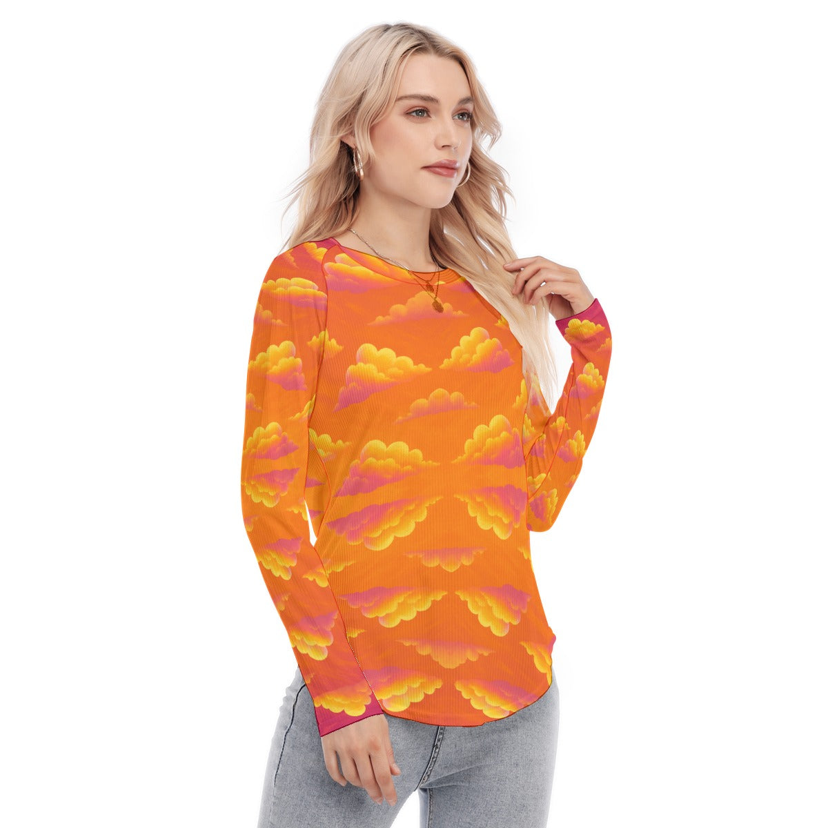 Women's Raglan Sleeves U-Shaped Hem Long Sleeves Blouse