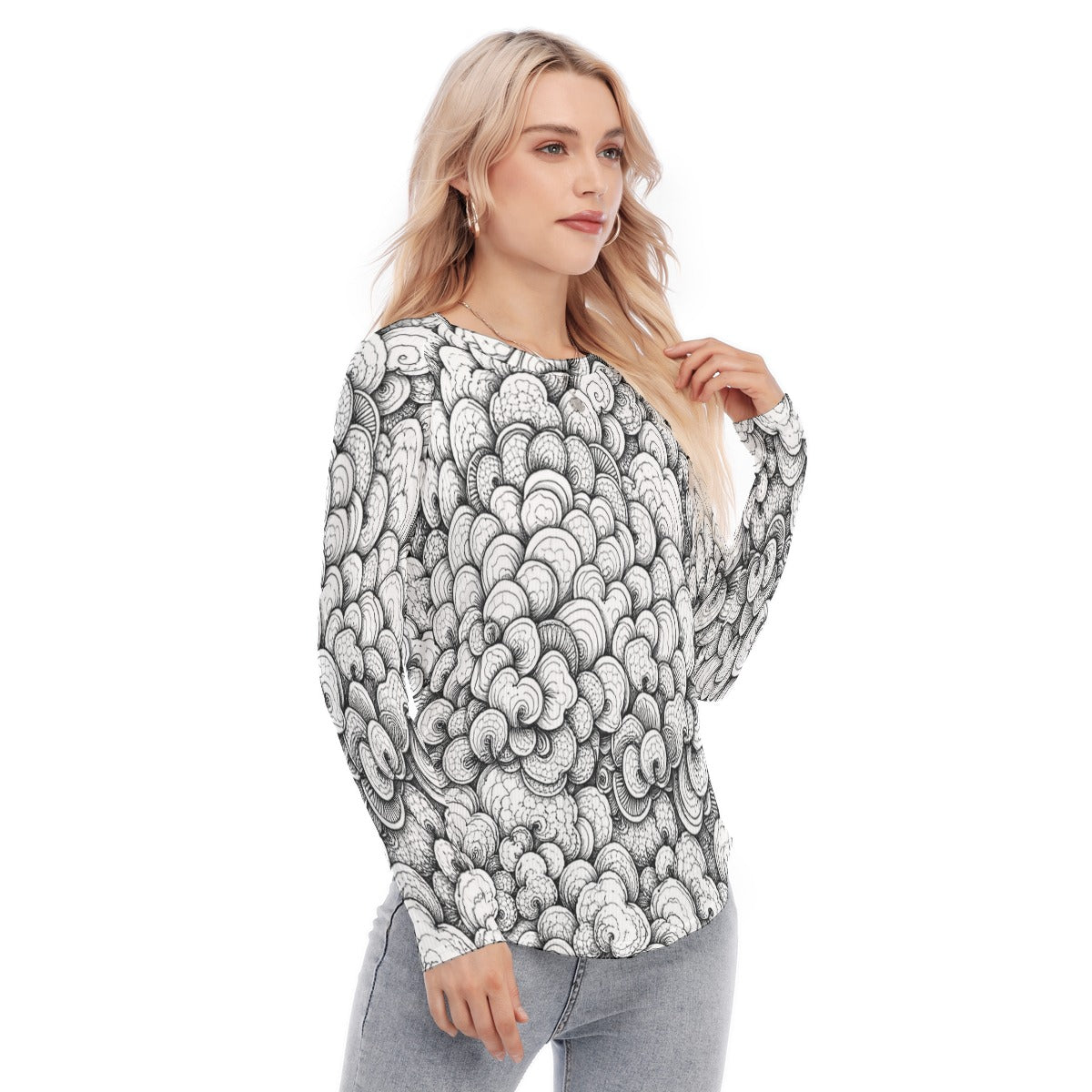Women's Raglan Sleeves U-Shaped Hem Long Sleeves Blouse