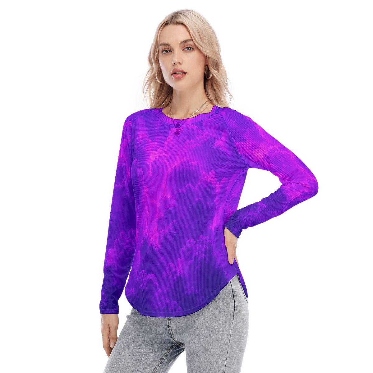 Women's Raglan Sleeves U-Shaped Hem Long Sleeves Blouse
