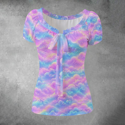 All-over print Women's Puff Sleeve Pleated Shirt