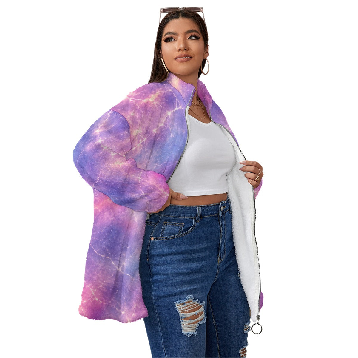 Unisex Borg-Fleece Stand-Up Collar Zip Coat — Plus Size - view 3