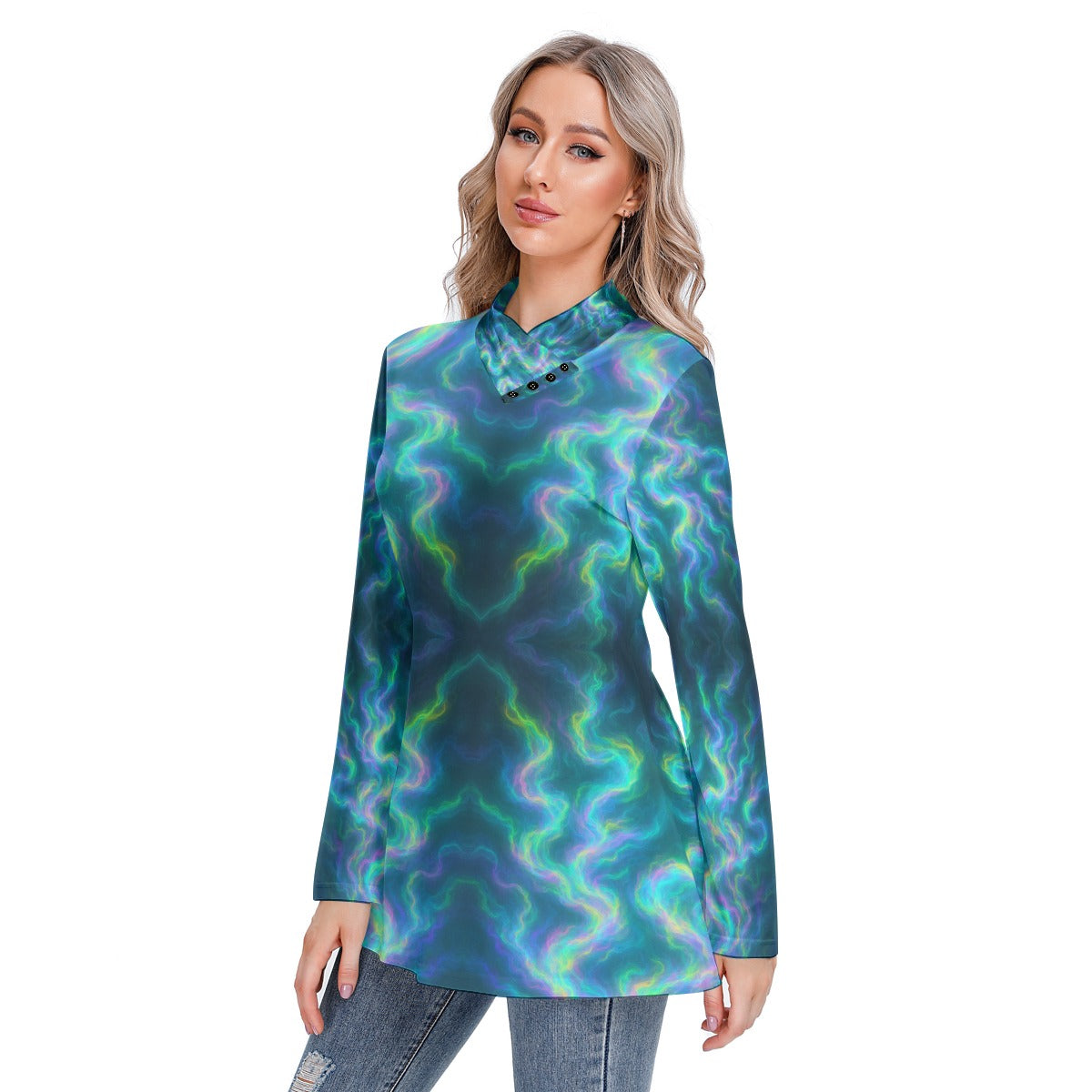 Women's Long-sleeved Heap-neck Slim Casual Tunic Blouse