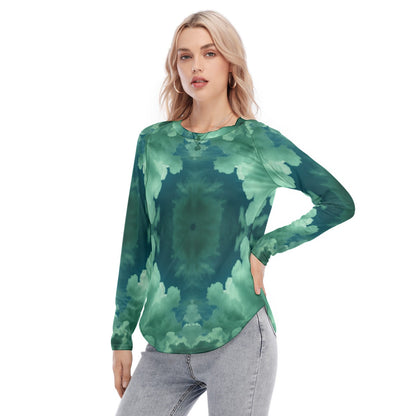 Women's Raglan Sleeves U-Shaped Hem Long Sleeves Blouse