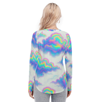 Women's Raglan Sleeves U-Shaped Hem Long Sleeves Blouse