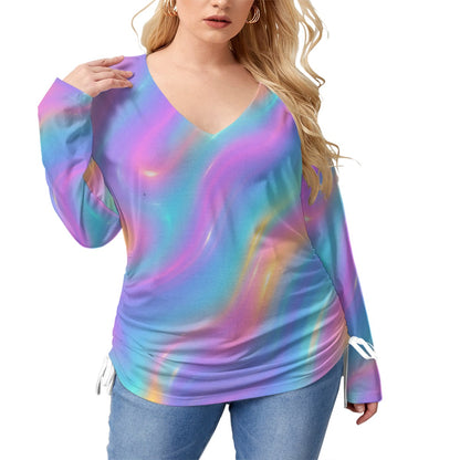 Unisex Women’s V-neck T-shirt With Side Drawstring(Plus Size)