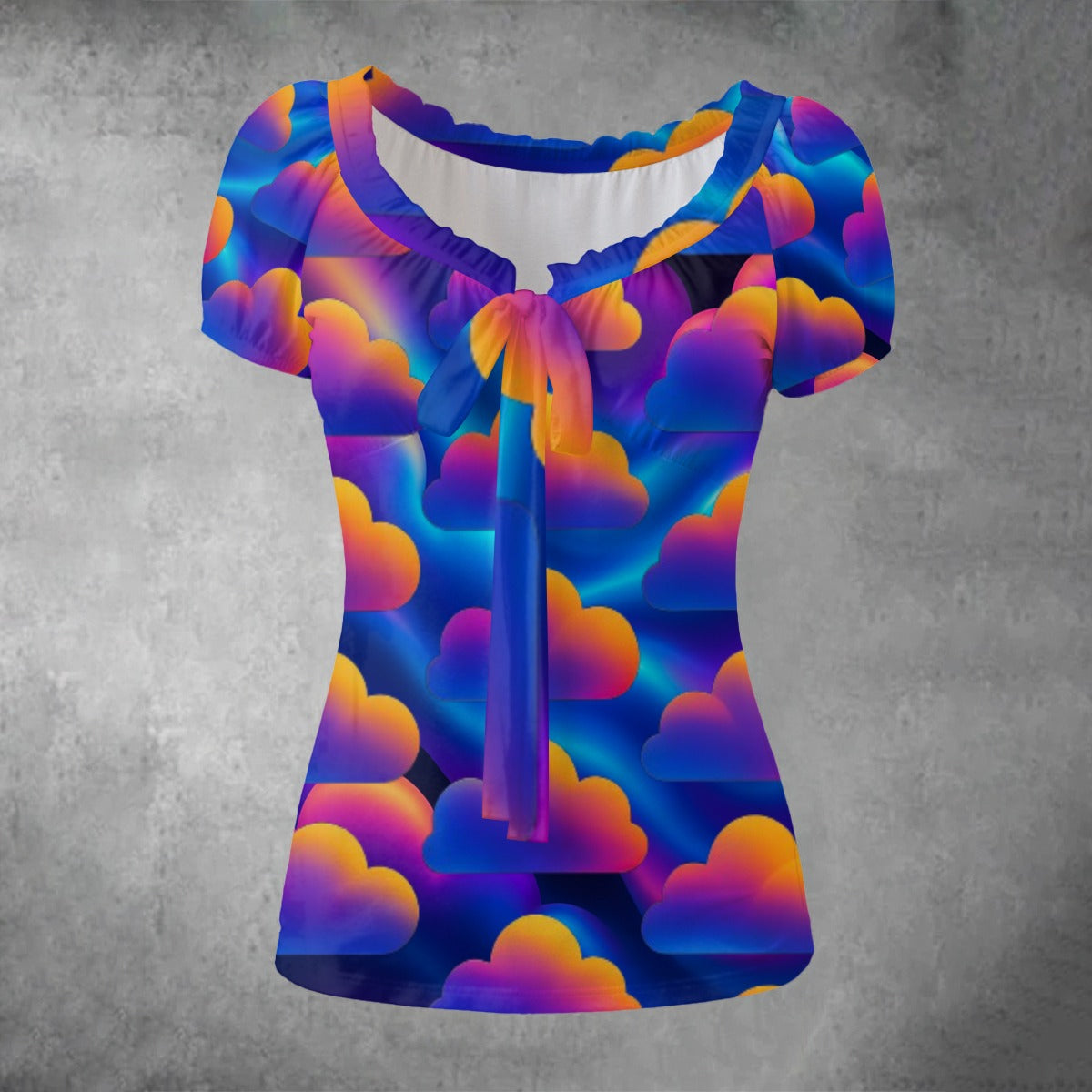 All-over print Women's Puff Sleeve Pleated Shirt