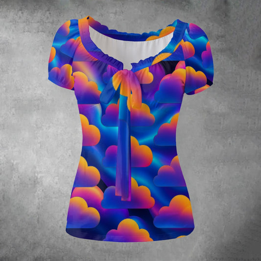 All-over print Women's Puff Sleeve Pleated Shirt
