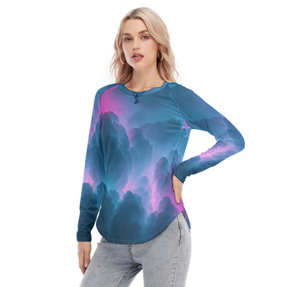 Women's Raglan Sleeves U-Shaped Hem Long Sleeves Blouse