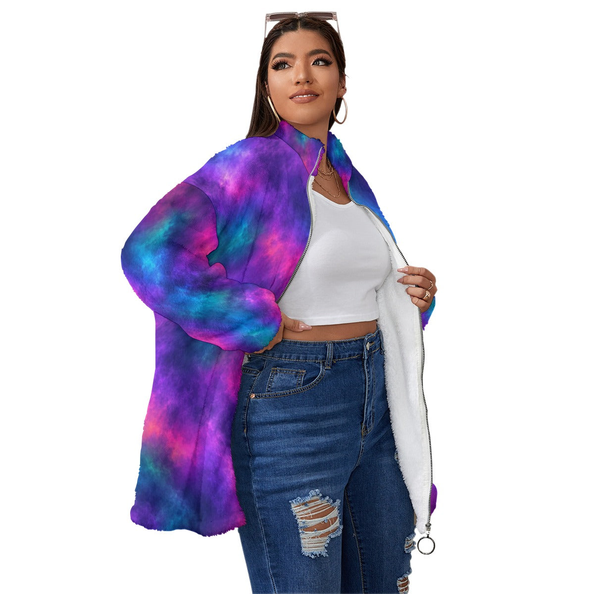 Unisex Borg-Fleece Stand-Up Collar Zip Coat — Plus Size - view 3