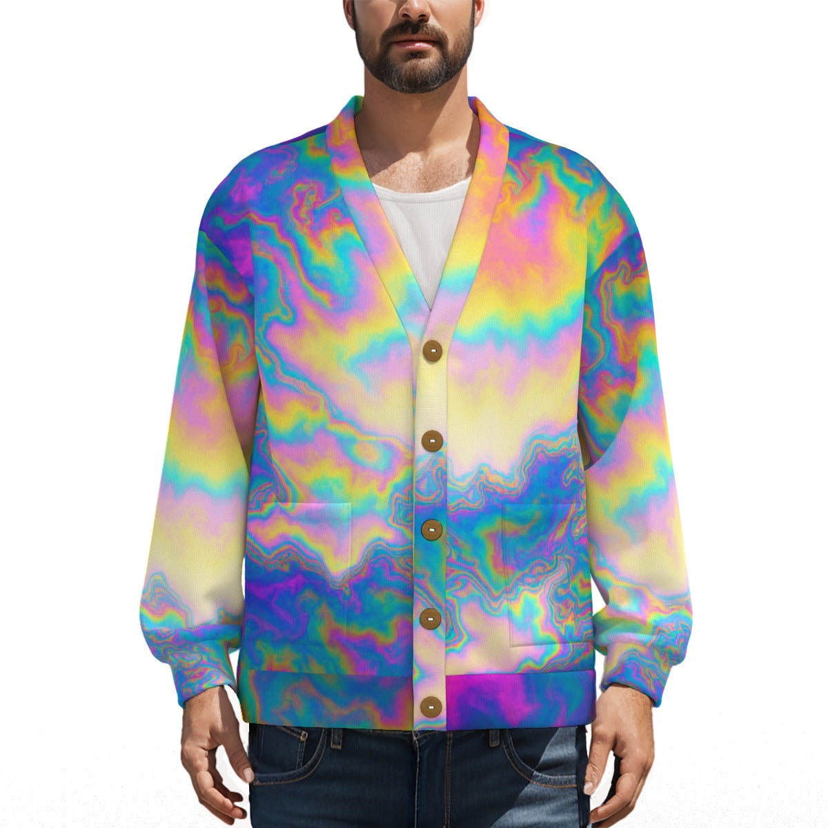 Unisex V-neck Knitted Fleece Cardigan With Button Closure