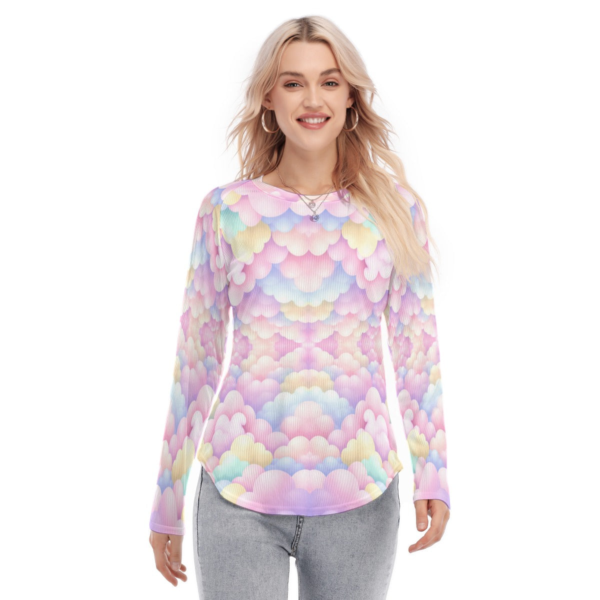 Women's Raglan Sleeves U-Shaped Hem Long Sleeves Blouse