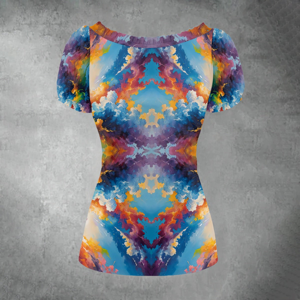 All-over print Women's Puff Sleeve Pleated Shirt