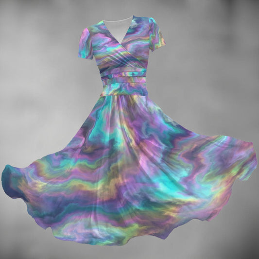 All-over Print Women's Short Sleeve V Neck Midi Dress