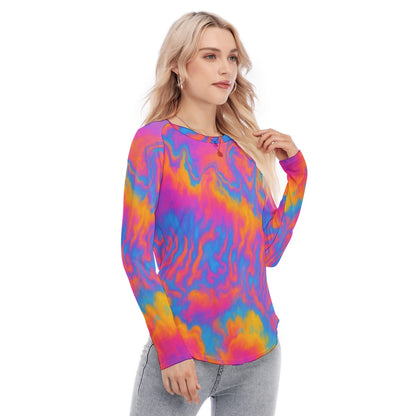 Women's Raglan Sleeves U-Shaped Hem Long Sleeves Blouse