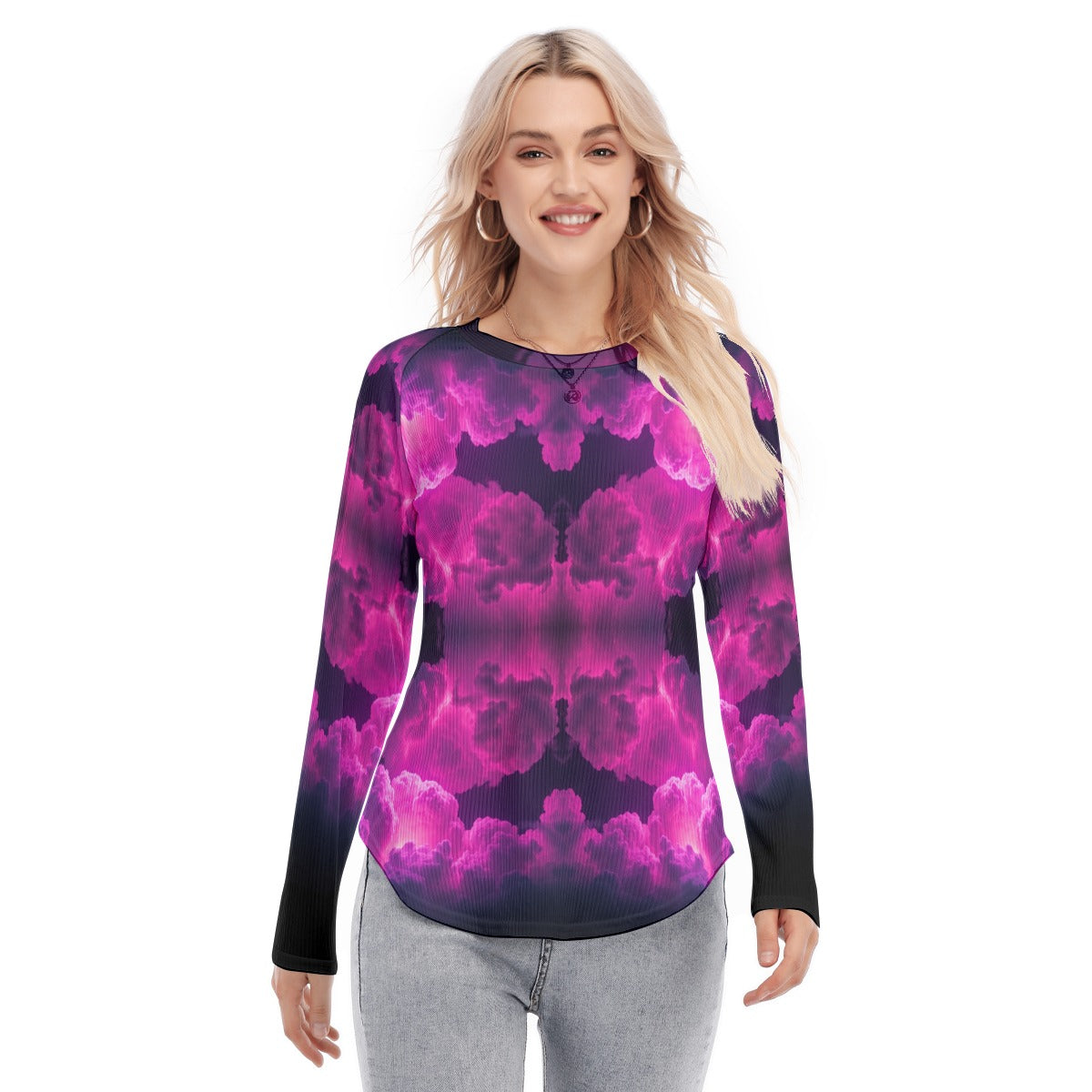 Women's Raglan Sleeves U-Shaped Hem Long Sleeves Blouse
