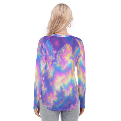 Women's Raglan Sleeves U-Shaped Hem Long Sleeves Blouse