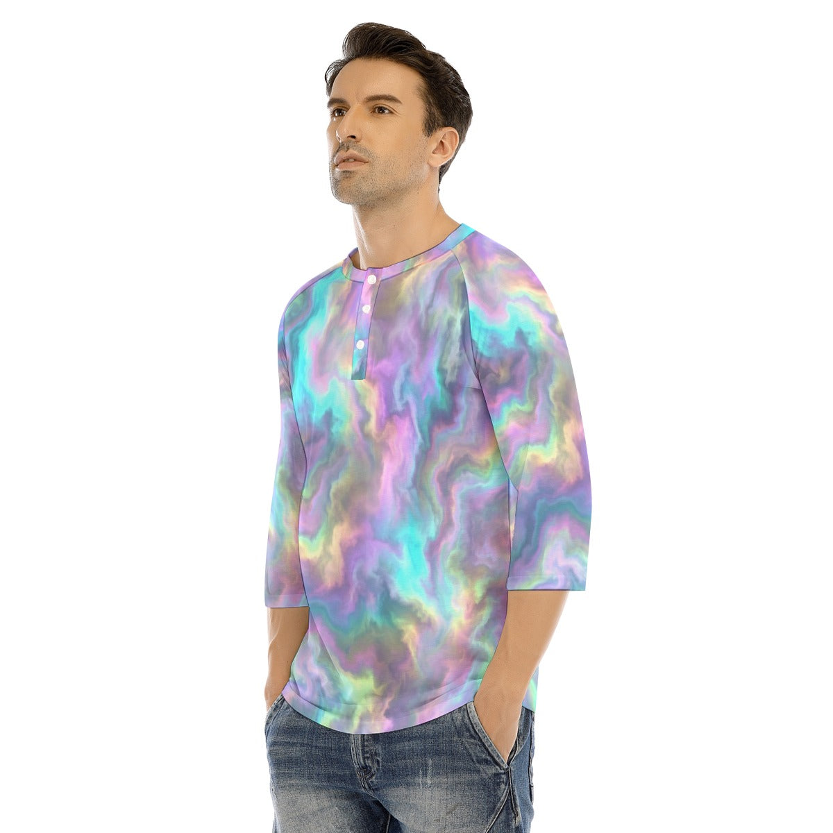Men's Bracelet Sleeve T-shirt With Button Closure - view 3