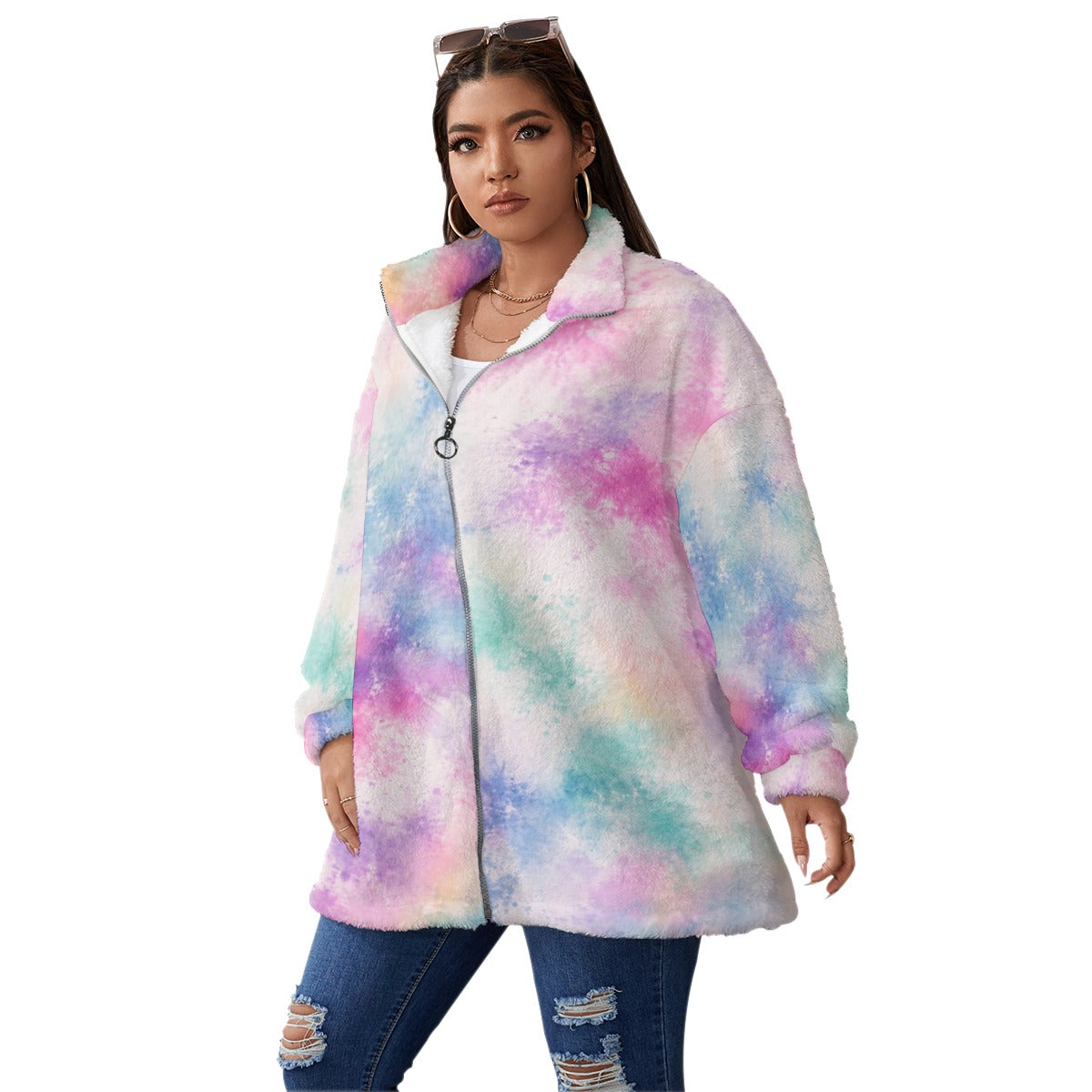 Unisex Borg-Fleece Stand-Up Collar Zip Coat — Plus Size - view 2