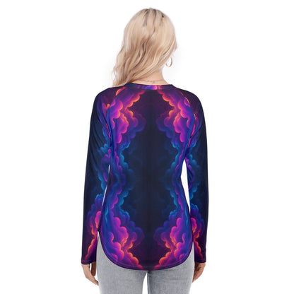 Women's Raglan Sleeves U-Shaped Hem Long Sleeves Blouse